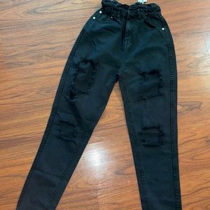 Black Paperbag Distressed Straight Leg Jeans